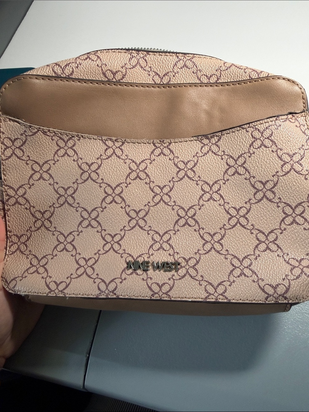 Nine West Pink and Tan Signature Print Crossbody Bag